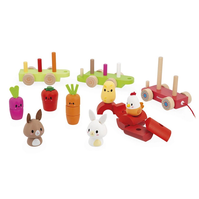 Gioco trenino trainabile legno per bambini a tema fattoria, con ortaggi, conigli e gallo, con blocchi da impilare